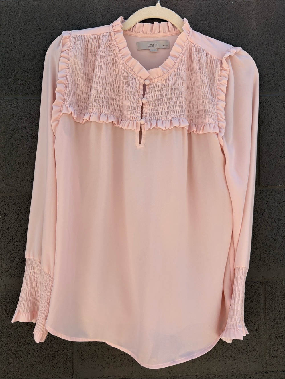 LOFT Pale Pink Smocked Yoke Ruffle Blouse
